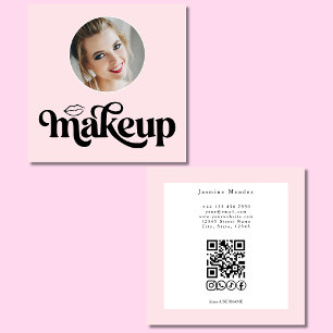 Carte De Visite Carré Rose Pâle Blanc Photo MUA Code QR Réseaux Sociaux