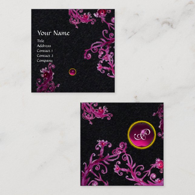 Carte De Visite Carré ROSE POURPLE BÉRIES MAGIQUES GEMSTONE MONOGRAM Noi (Devant / Derrière)