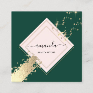 Carte De Visite Carré Rose professionnel Frame Gold Green Confetti