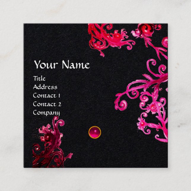 Carte De Visite Carré ROSE ROUGE MAGIQUE BERRIES GEMSTONE MONOGRAM Noir (Devant)