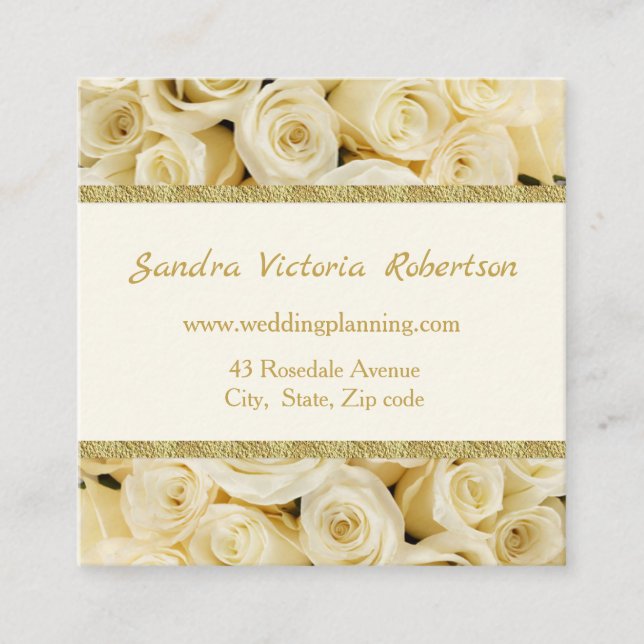 Carte De Visite Carré Roses blancs, wedding planner de frontière d'or (Devant)