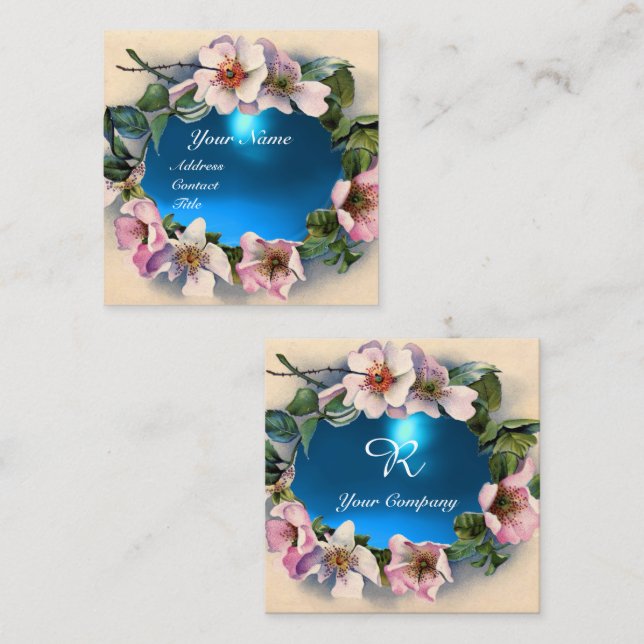 Carte De Visite Carré Roses SAUVAGES AVEC AQUA BLEU GEM STONE MONOGRAM (Devant / Derrière)