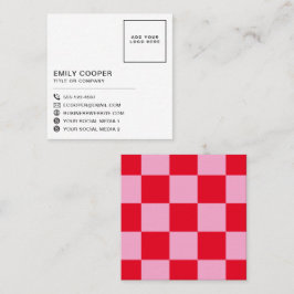Carte De Visite Carré Rouge rose moderne | Checker Checkerboard Votre lo