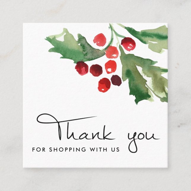 CARTE DE VISITE CARRÉ ROUGE VERT HOLLY BERRY CHRISTMAS MERCI LOGO (Devant)