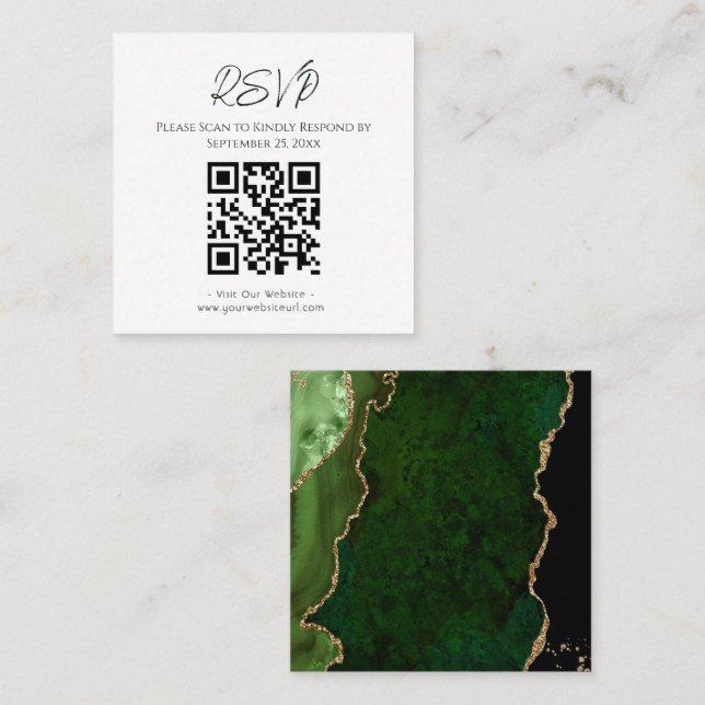 Carte De Visite Carré RSVP Site Web Green Agate Gold Parties scintillant (Devant / Derrière)