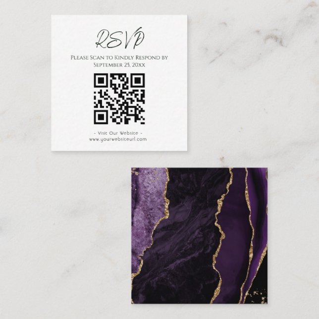 Carte De Visite Carré RSVP Site Web Purple Agate Gold Parties scintillan (Devant / Derrière)
