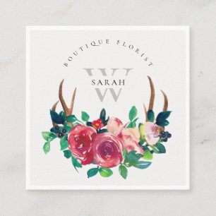 Carte De Visite Carré Russe Boho Red Floral Stag Antlers Monogramme