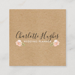 Carte De Visite Carré Rustic Kraft Signature avec motif de rose carré