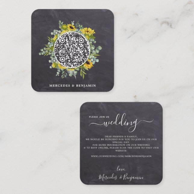 Carte De Visite Carré Rustique Tournesol Eucalyptus QR Code Mariage Invi (Devant / Derrière)