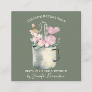 Carte De Visite Carré Sage Green Pâtisserie Chef mug Boho chic Boulanger