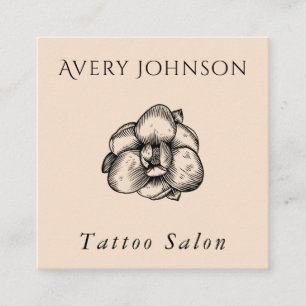 Carte De Visite Carré Salon de tatouage élégant Fleur dessinée et médias