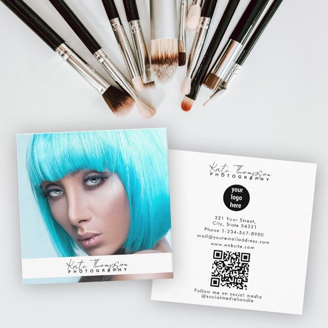 Carte De Visite Carré Script Business Logo Photographe Photo QR Code (Script Business Logo Photographer Photo QR Code Square Business Card)