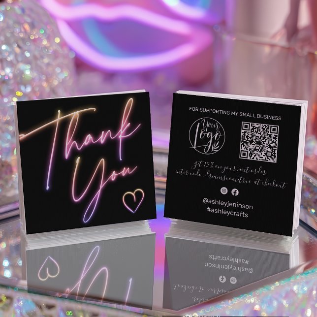 Carte De Visite Carré Script de remerciement moderne commande code Qr né (Modern thank you script order neon Qr code Square Business Card)