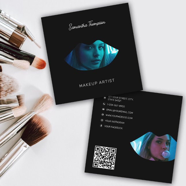 Carte De Visite Carré Script professionnel maquillage Artiste 2 lèvres p (Script Professional Makeup Artist 2 Photo Lips Square Business Card)