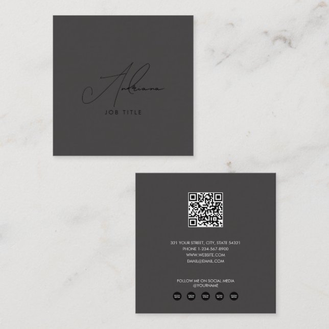 Carte De Visite Carré Script tendance moderne Black Social Media QR Code (Devant / Derrière)