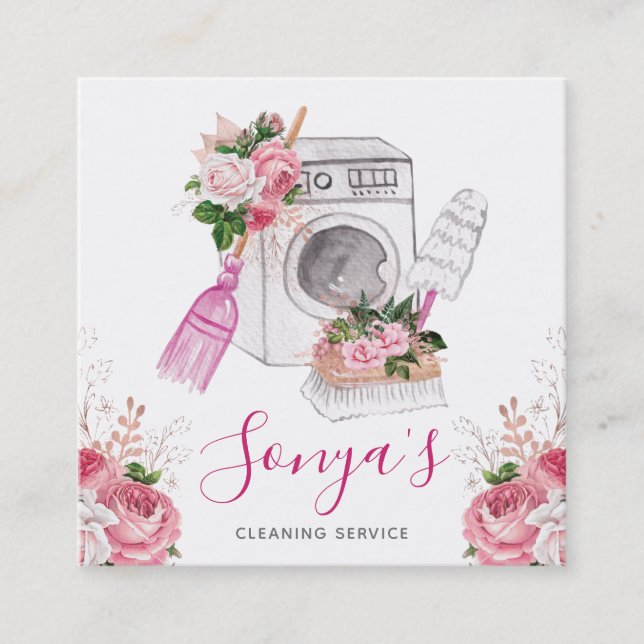 Carte De Visite Carré Service de nettoyage Aquarelle florale (Devant)