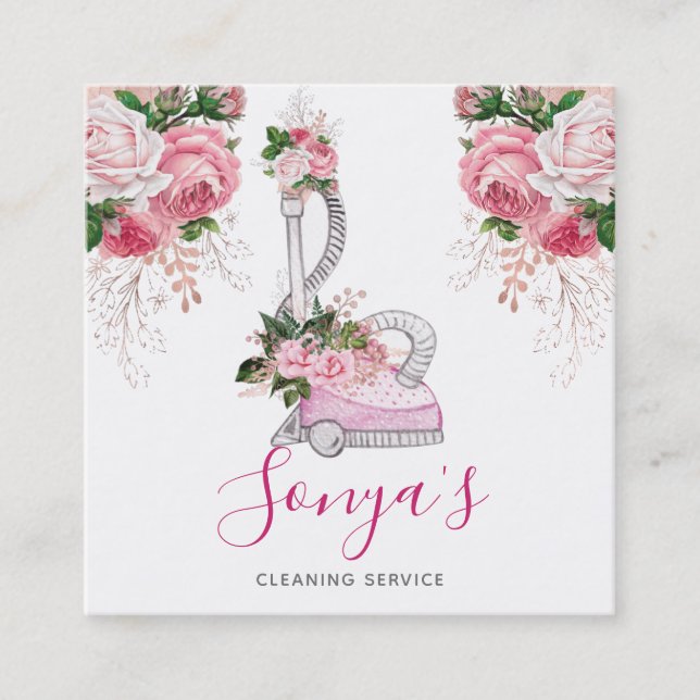 Carte De Visite Carré Service de nettoyage Aspirateur d'aquarelle floral (Devant)