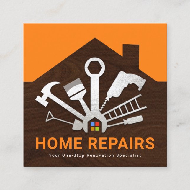 Carte De Visite Carré Silver Home Réparation Outils Construction Silhoue (Devant)