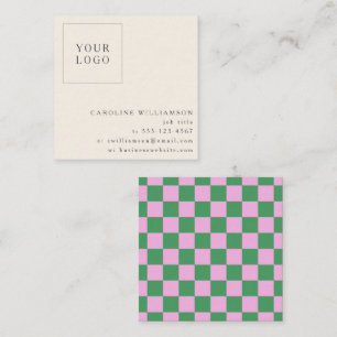 Carte De Visite Carré Simple damier rose vert Votre logo personnalisé