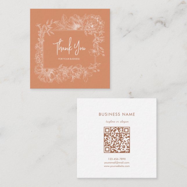 Carte De Visite Carré Simple Floral Naturel Terracotta QR Code Merci (Devant / Derrière)
