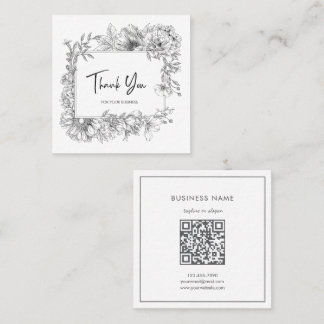 Carte De Visite Carré Simple ligne florale Art gris blanc QRCode Merci
