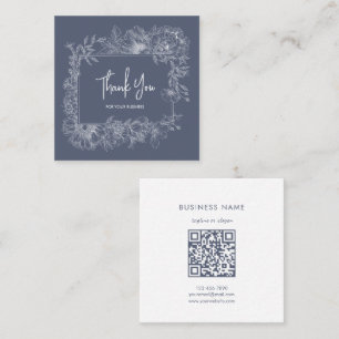Carte De Visite Carré Simple ligne florale code QR bleu atténué Merci
