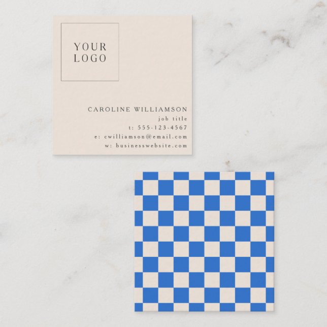 Carte De Visite Carré Simple Modern Blue Checkerboard Your Logo Custom (Devant / Derrière)
