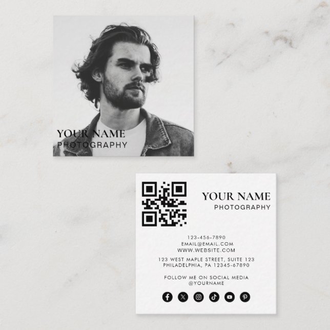 Carte De Visite Carré Simple moderne minima photo QR Code Social Media (Devant / Derrière)