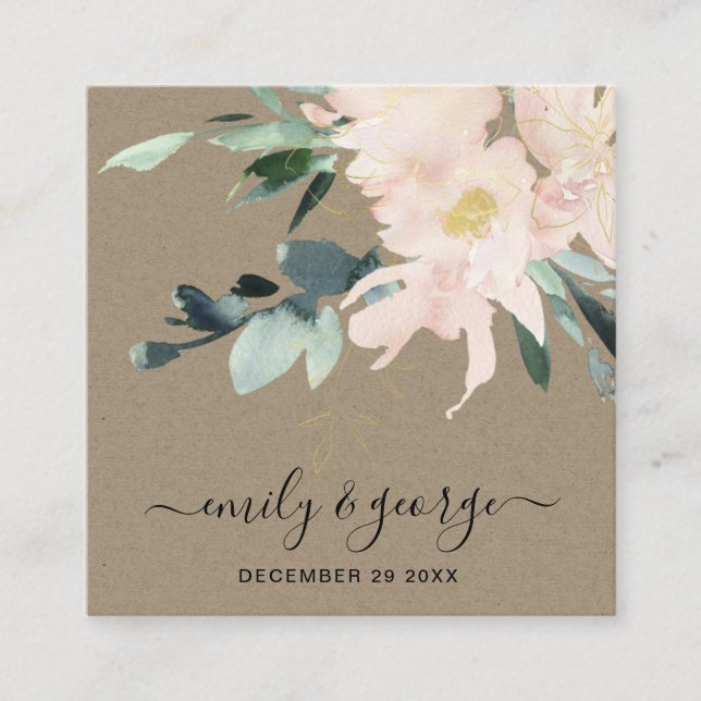 CARTE DE VISITE CARRÉ SITE MARIAGE FLORAL RUSTIQUE BLUSH KRAFT RSVP (Devant)