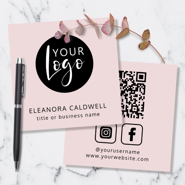 Carte De Visite Carré Social Media QR Code Logo Blush Rose (Your Logo QR Code Social Media Blush Pink Square Business Card)