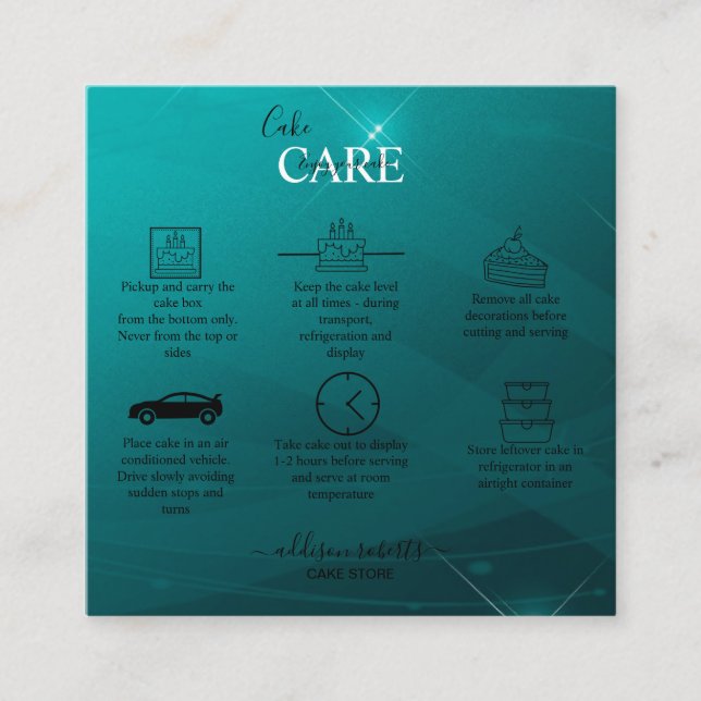 Carte De Visite Carré Soins de gâteau Turquoise Professionnel moderne (Devant)