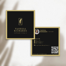 Carte De Visite Carré Sophistiqué Black Gold Feather Notaire Photo QR