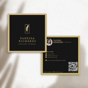 Carte De Visite Carré Sophistiqué Black Gold Feather Notaire Photo QR