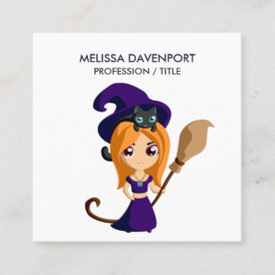 Carte De Visite Carré Sorcière mignonne en Casquette violet Halloween