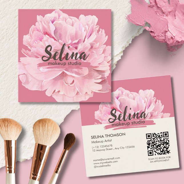 Carte De Visite Carré Studio De Maquillage Floral Rose Crème Élégante (Créateur téléchargé)