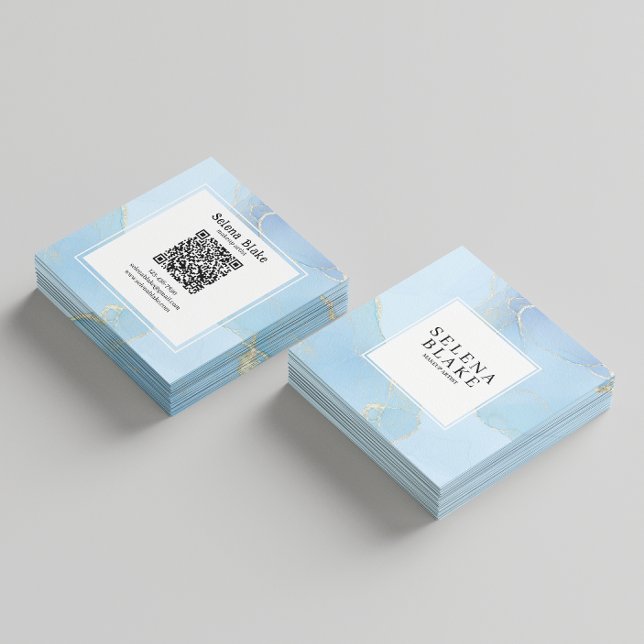 Carte De Visite Carré Style Carré bleu et blanc minimaliste + code QR (Créateur téléchargé)