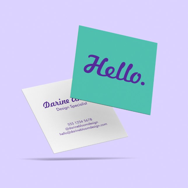 Carte De Visite Carré Style tendance Hello Blue & Purple Script Décontra (Créateur téléchargé)