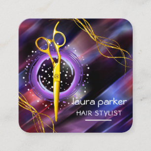 Carte De Visite Carré Styliste de cheveux Ciseaux or Purple Moon Salon