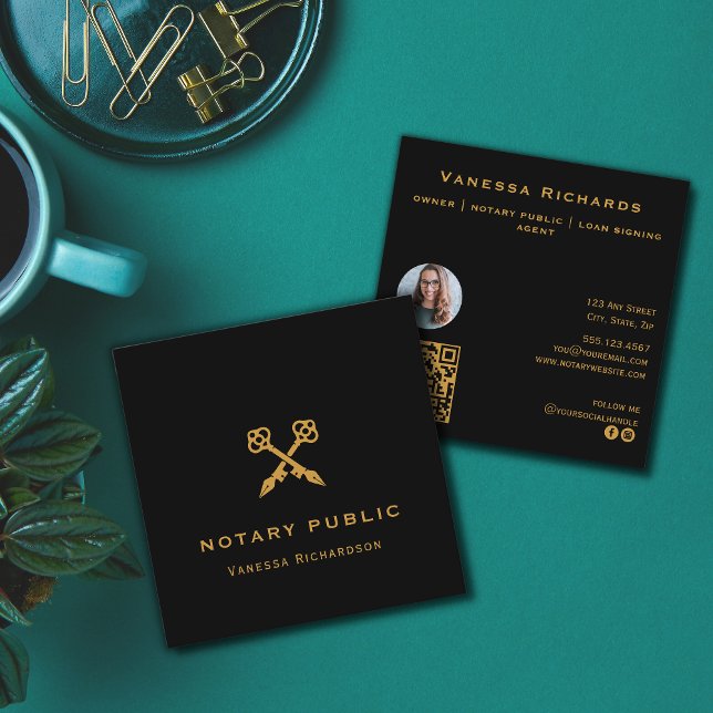 Carte De Visite Carré Stylos croisés Noir & Or Professionnel Code QR (Créateur téléchargé)