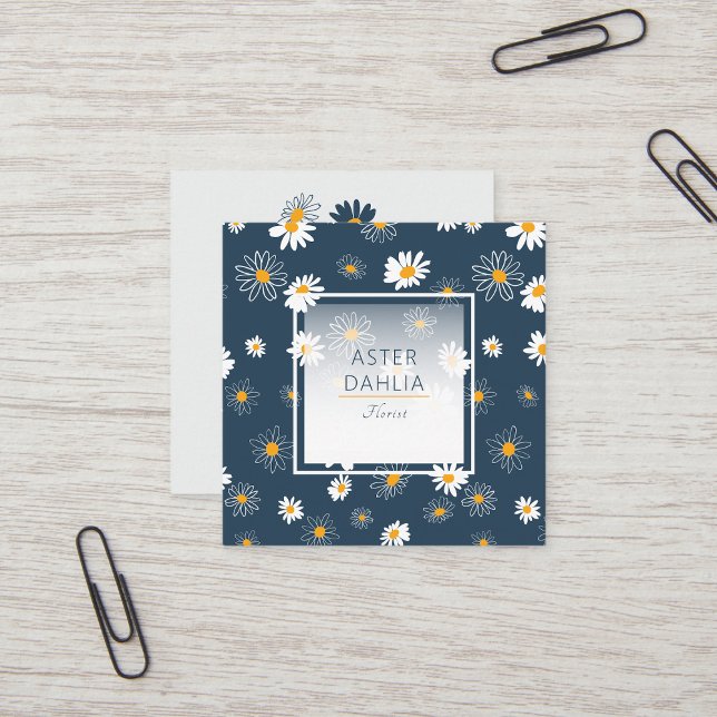 Carte De Visite Carré Superbe Marine Jaune Blanc Classique Fleurs de mar (Stunning Navy Yellow White Classic Daisy Flowers Square Business Card from Studio Posies)