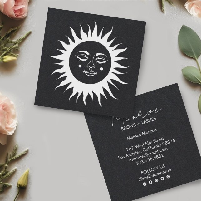 Carte De Visite Carré Sweet Sunshine Boho Line Art Grey Social Media (White line art sun on a luxurious deep gray/black paper. Add your own details to make it shine!)