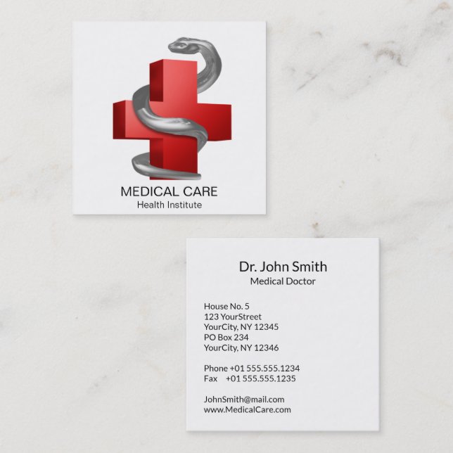 Carte De Visite Carré Symbole de croix Médicale rouge serpent d'argent (Devant / Derrière)