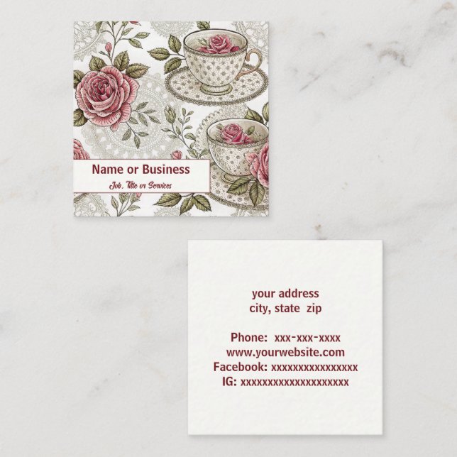 Carte De Visite Carré Tasses à thé et roses (Devant / Derrière)