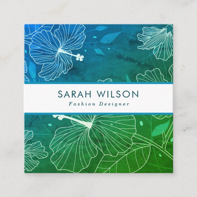 Carte De Visite Carré Tendance Turquoise vert blanc Hibiscus Fleurs QR C (Devant)