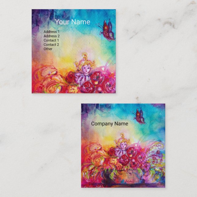 CARTE DE VISITE CARRÉ THUMBELINA, PANIER À FLEURS ET BOUTEILLE (Devant / Derrière)