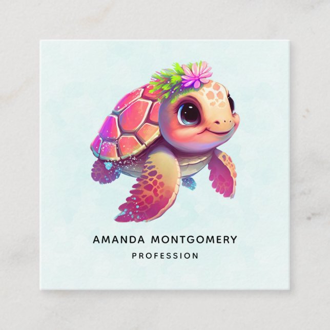 Carte De Visite Carré Tortue de mer rose Whimsical & mignon (Devant)