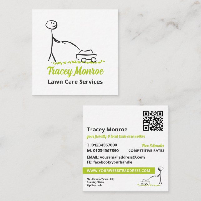 Carte De Visite Carré Travailleur de soins de pelouse, Services de soins (Devant / Derrière)