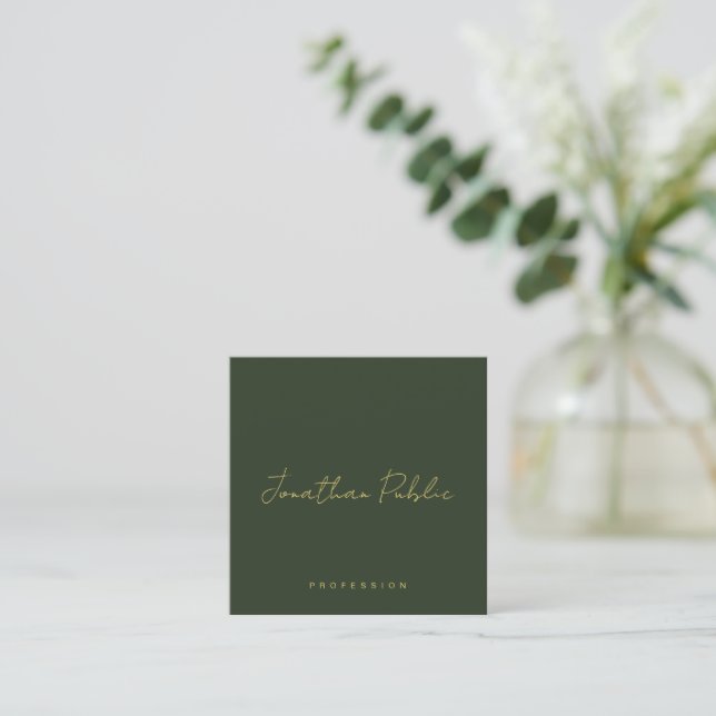 Carte De Visite Carré Trendy Elegant Dark Green Handwritten Gold Text (Debout devant)
