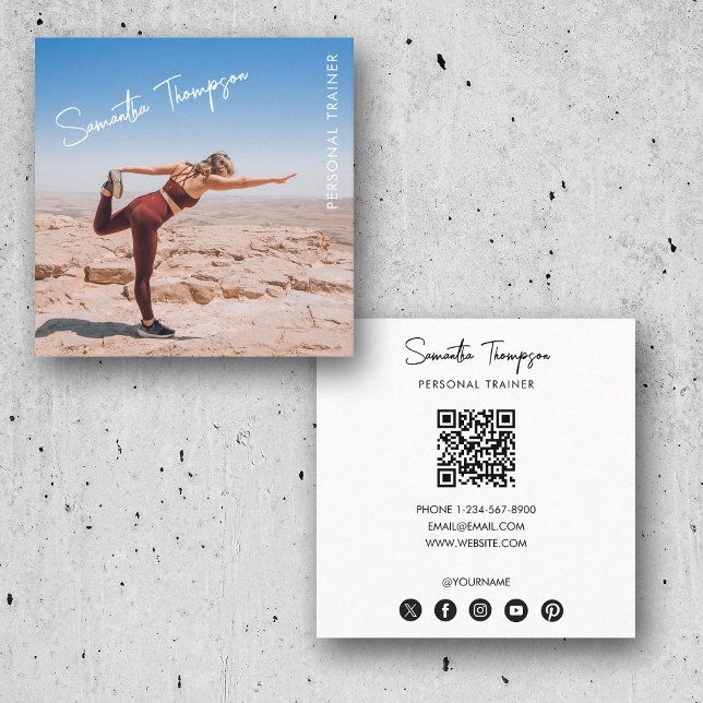 Carte De Visite Carré Trendy Photo Personal Trainer Fitness QR Code (Trendy Photo Personal Trainer Fitness QR Code Square Business Card)
