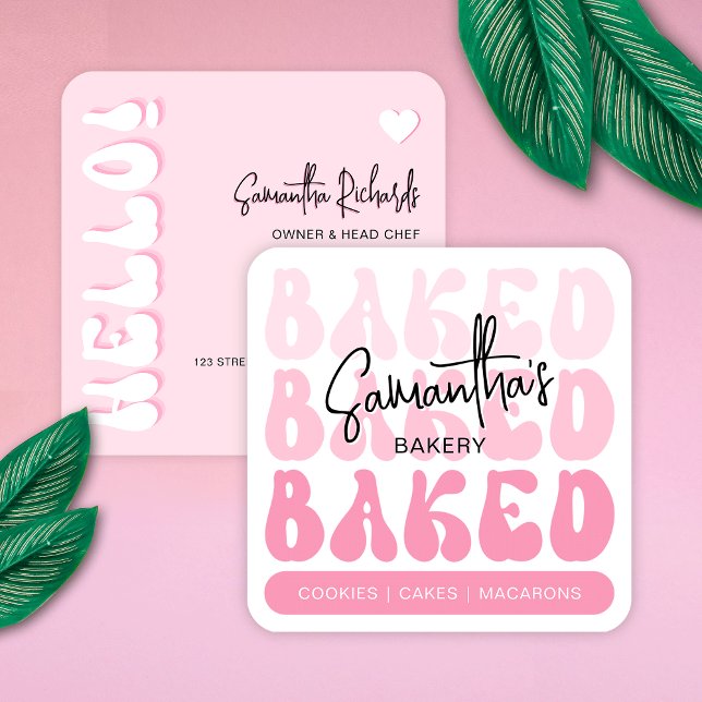 Carte De Visite Carré Trendy Retro Pink Bakery Chef pâtissier (Bakery business cards in retro pink design with nostalgic fonts, girly colors and modern layout)